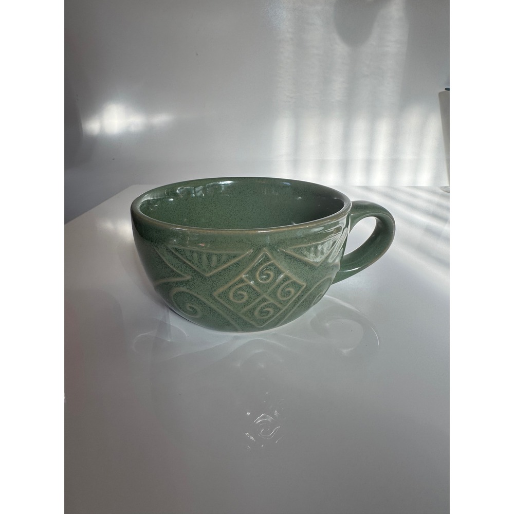 Pier 1 Green Stoneware Soup Mug Geometric Debossed Texture Oversized Cup 5 inch